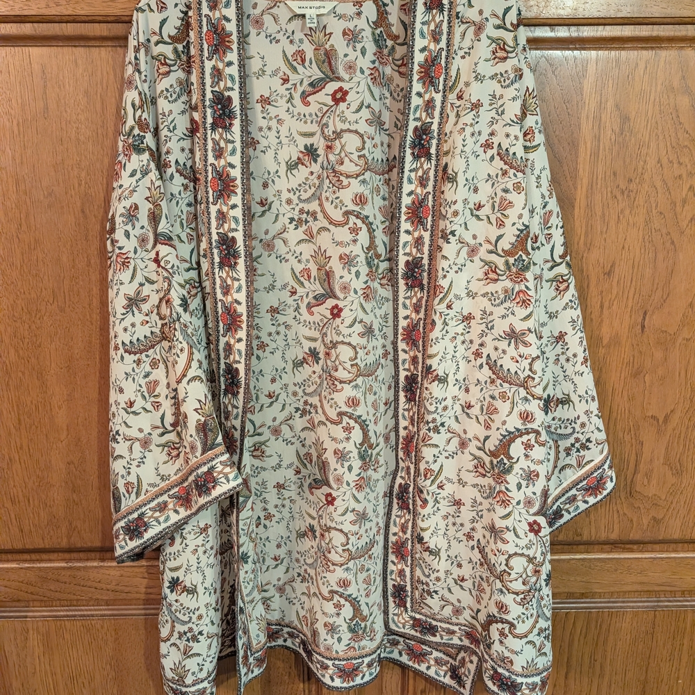 Max Studio Patterned Kimono with Red and Cream Accents